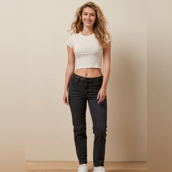 AE Stretch Super High-Rise Vegan Leather Waist Ankle Straight Jean Black Size 4R - Picture 3 of 15